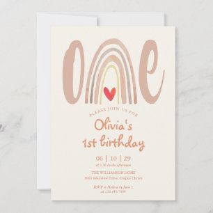 Watercolor Boho Rainbow Heart 1st Birthday Invitation