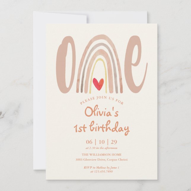 Watercolor Boho Rainbow Heart 1st Birthday Invitation (Front)