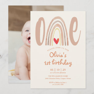 Watercolor Boho Rainbow Heart Photo 1st Birthday Invitation
