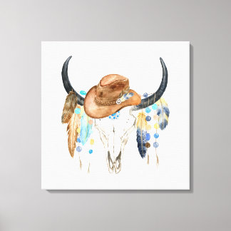 Watercolor Boho Skull and Cowboy Hat Canvas Print
