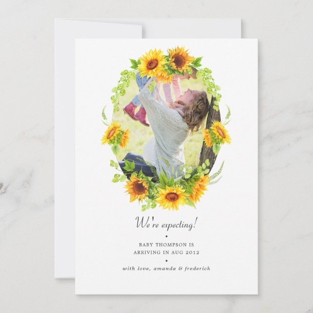 Watercolor Boho Sunflowers Photo Pregnancy Announcement (Front)