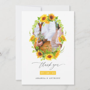 Watercolor Boho Sunflowers Wedding Photo Thank You Card