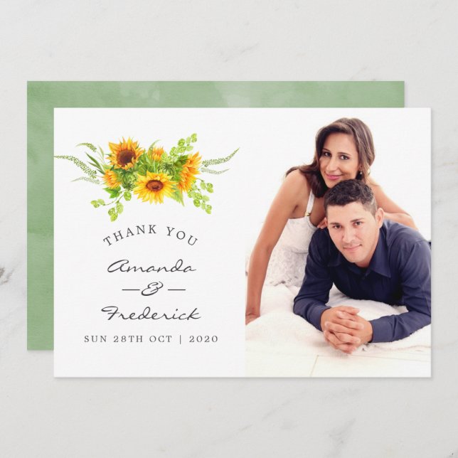 Watercolor Boho Sunflowers Wedding Thank You Invitation (Front/Back)