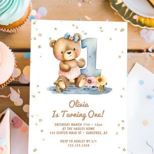 Watercolor Boho Teddy Bear 1st Birthday Invitation