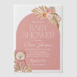 Watercolor Boho Teddy Bear Girl Pink Baby Shower Vellum Invitations