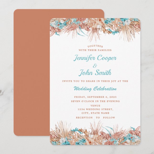 Watercolor Boho Terracotta Floral Wedding  Invitation (Front/Back)