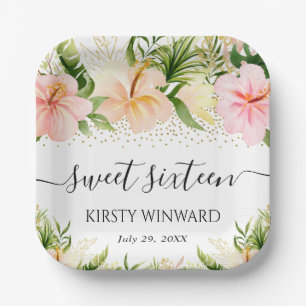 Watercolor Boho Tropical Pink Flowers Sweet 16 Paper Plate