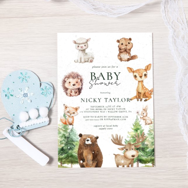 Watercolor Boho Woodland Snow Winter Baby Shower Invitation (Creator Uploaded)