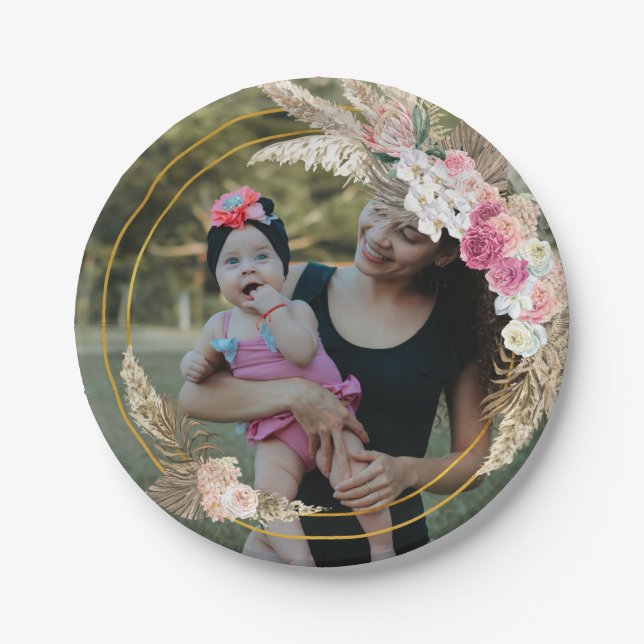 Watercolor boho wreath, Personalised Photo Paper Plate (Front)