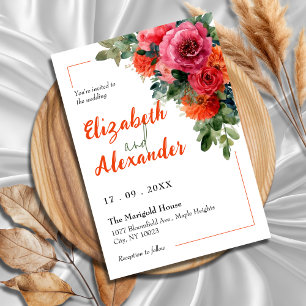 Watercolor Bold Pink and Orange Floral Wedding Invitation