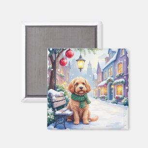 Watercolor Bolognese Festive Town Bench Christmas Magnet