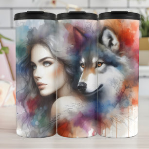 Watercolor Bond: Woman and Wolf Thermal Tumbler