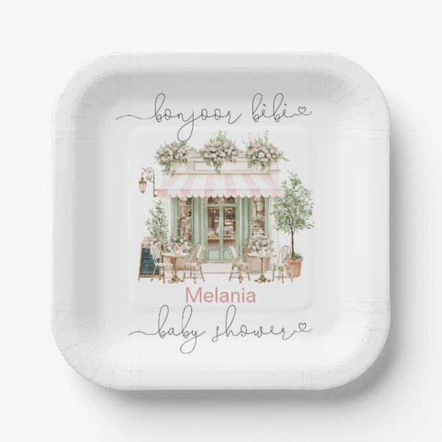    Watercolor bonjoor bebe  baby shower Paper Plat Plate (Front)