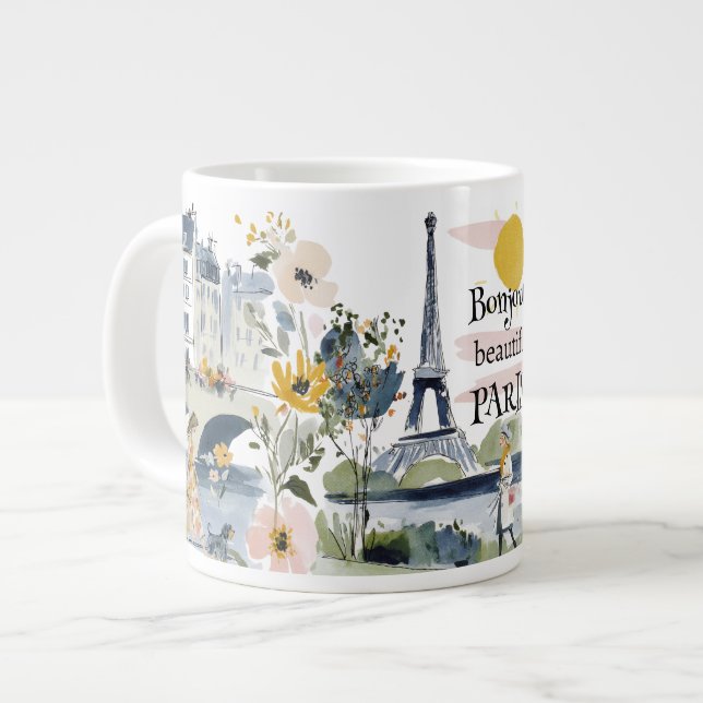 Watercolor Bonjour Beautiful Paris Large Coffee Mug (Front Left)