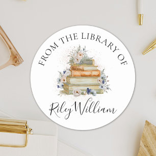 Watercolor Book Blue Floral Bookplate Sticker