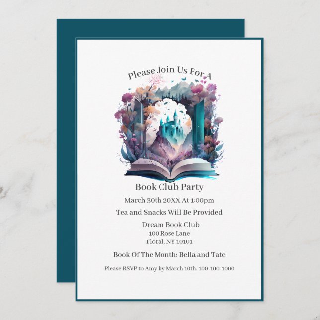 Watercolor Book Castle, Book Club Invitation (Front/Back)
