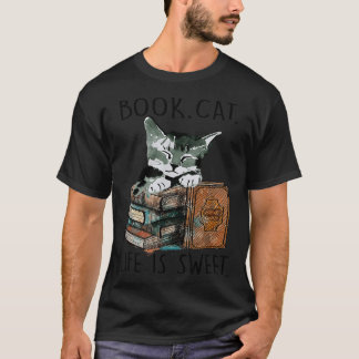 Watercolor Book Cat Life Is Sweet Librarian Kitten T-Shirt