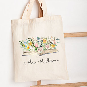 Watercolor Book Flower Floral Teacher Appreciation Tote Bag