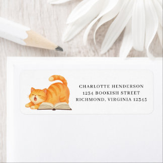 Watercolor Bookish Ginger Cat Return Address Label