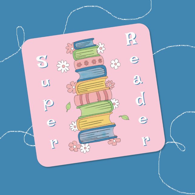 Watercolor Books and Flowers Super Reader Stickers (Super reader kid pink reward sticker .
)