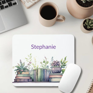 Watercolor Books and Plants Personalized Mouse Pad