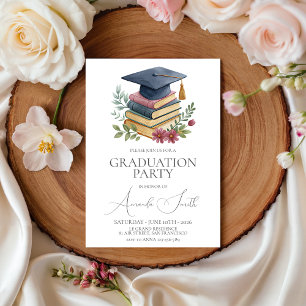 Watercolor Books & Cap Graduation Invite
