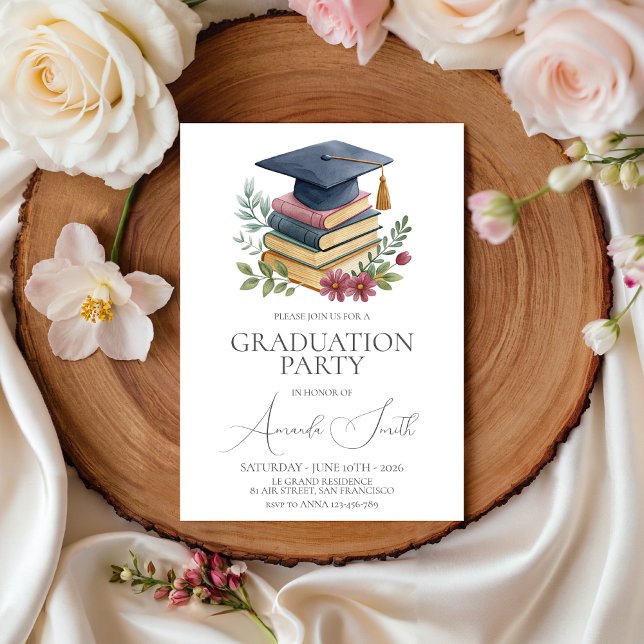 Watercolor Books & Cap Graduation Invite (Creator Uploaded)