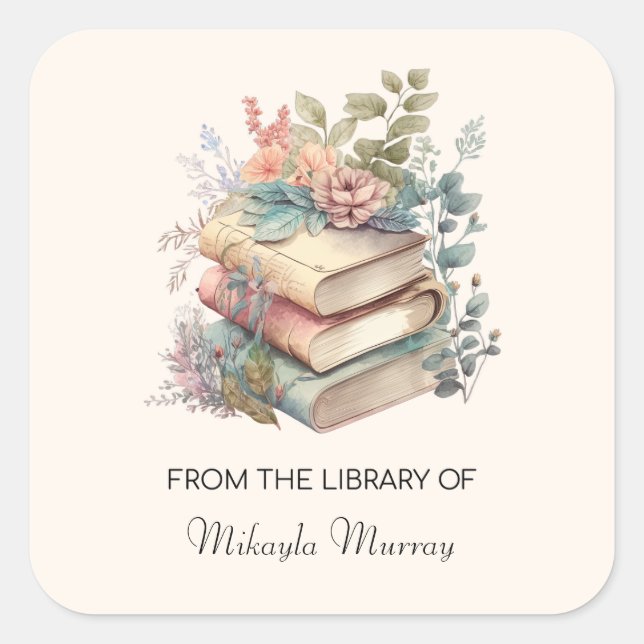 Watercolor Books & Flowers Personalised Bookplates Square Sticker (Front)