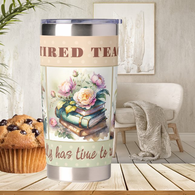 Watercolor Books Retired Teacher Insulated Tumbler (Thermal tumbler featuring watercolor paintings of books and flowers on retro polka dots - teacher)