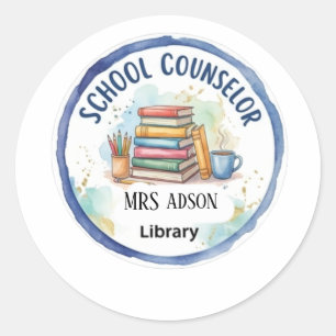 Watercolor Books School Counsellor Sign   Editable Classic Round Sticker