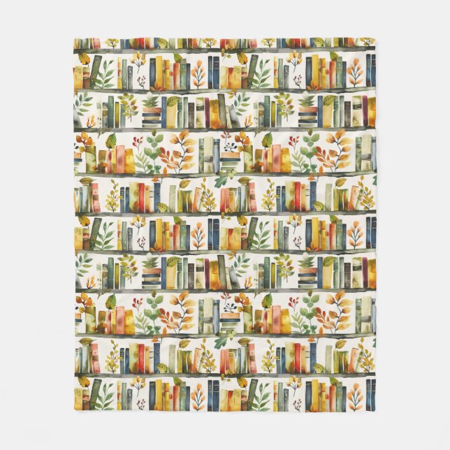 Watercolor Bookshelf Pattern Fleece Blanket (Front)