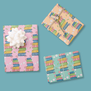 Watercolor Bookstack Pattern Wrapping Paper Sheet 