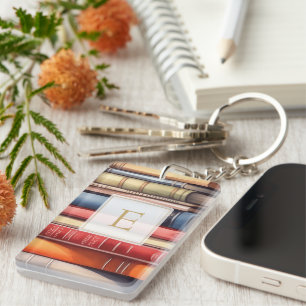Watercolor Bookstack Reading Lover Monogram Key Ring