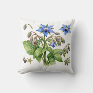 Watercolor Borage Herb Flowers and Leaves Cushion