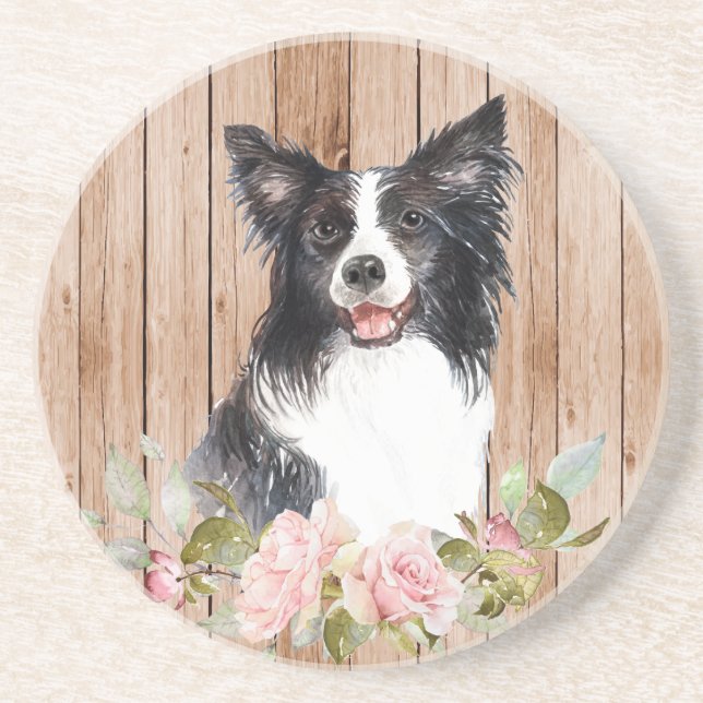 Watercolor Border Collie & Flowers  Coaster (Front)