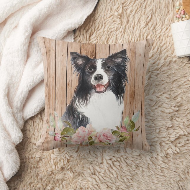 Watercolor Border Collie & Flowers  Cushion (Blanket)