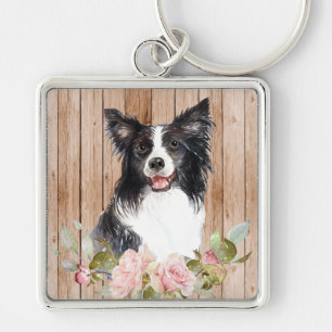 Watercolor Border Collie & Flowers  Key Ring