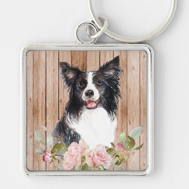 Watercolor Border Collie & Flowers  Key Ring (Front)