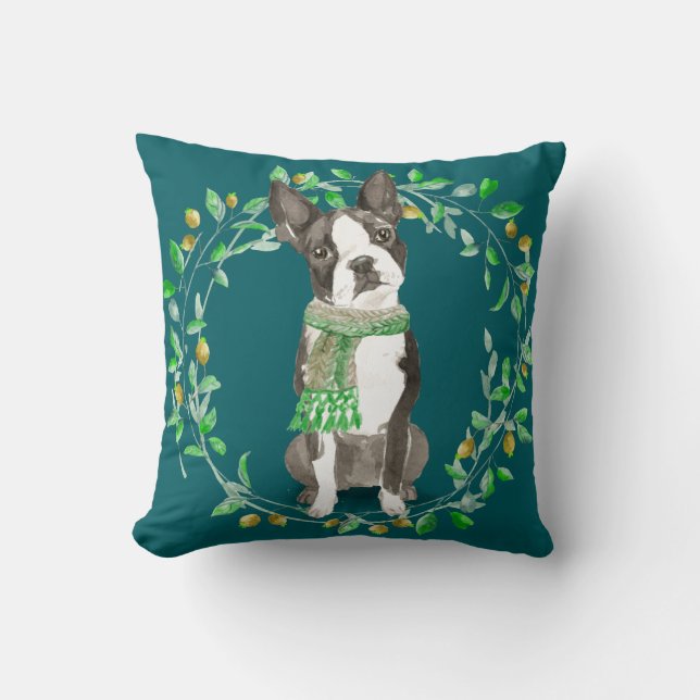 Watercolor Boston Terrier Bestie Cushion (Front)