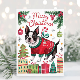 Watercolor Boston Terrier Christmas Card