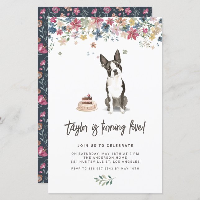 Watercolor Boston Terrier Dog Birthday Invitation (Front/Back)