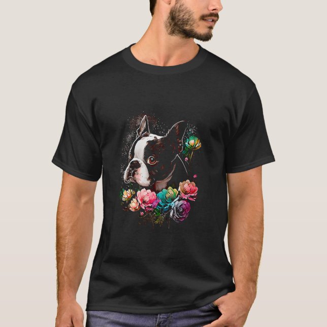 Watercolor Boston Terrier with flowers  Bostie  45 T-Shirt (Front)