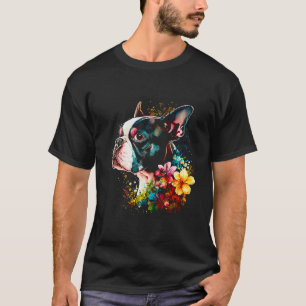 Watercolor Boston Terrier with flowers Bostie T-Shirt