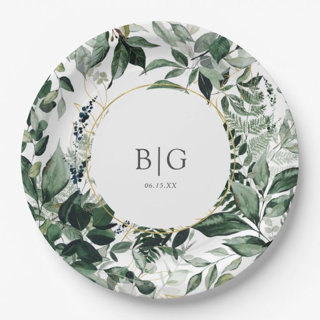 Watercolor Botanic Greenery foliage wedding Paper Plate (Front)