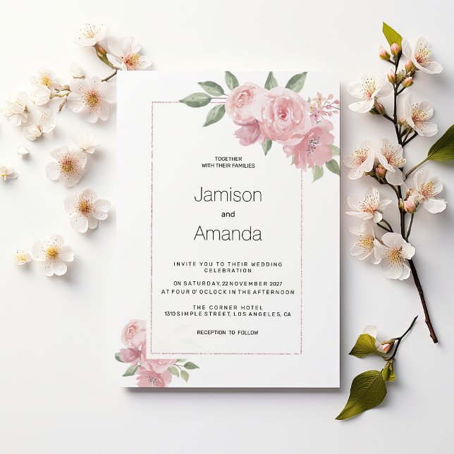 Watercolor botanic pastel pink floral Wedding Invitation (Watercolor botanic pastel pink floral Wedding )