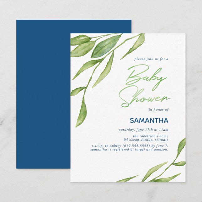 Watercolor Botanical Baby Shower Invitation (Front/Back)