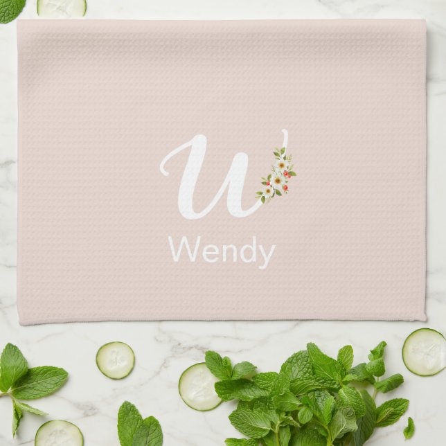 Watercolor botanical beige initial monogram tea towel (Folded)