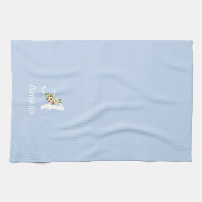 Watercolor botanical black initial monogram blue tea towel (Horizontal)