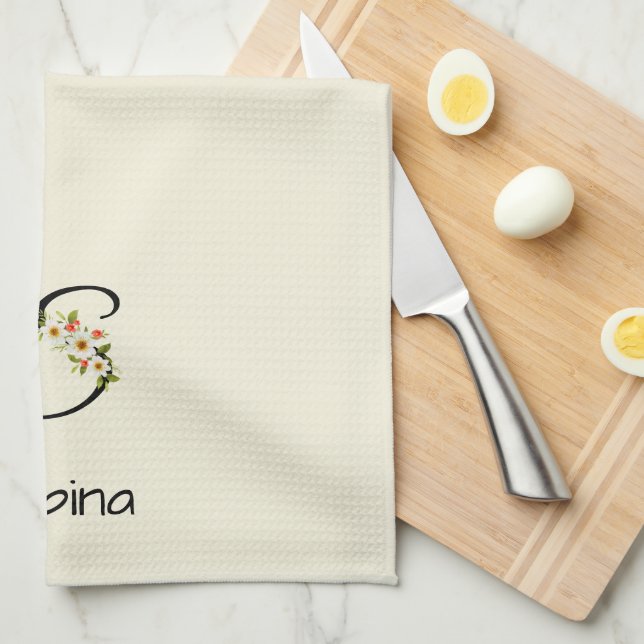 Watercolor botanical black initial monogram tea towel (Quarter Fold)