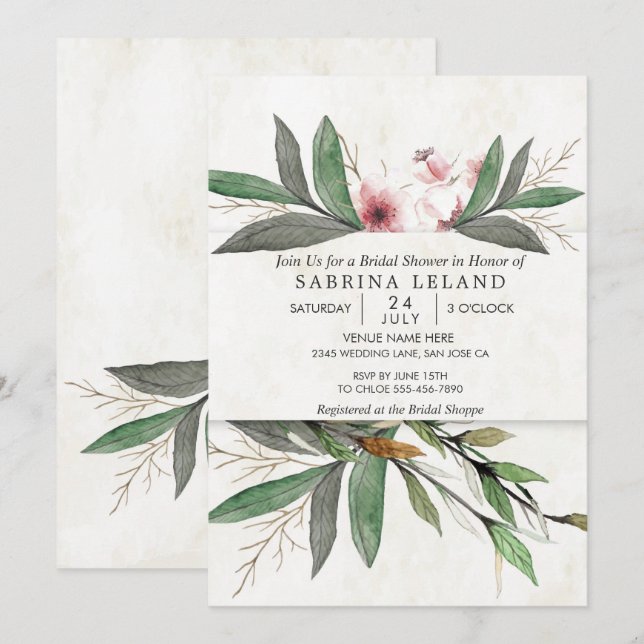 Watercolor Botanical Blossoms Bridal Shower Invitation (Front/Back)